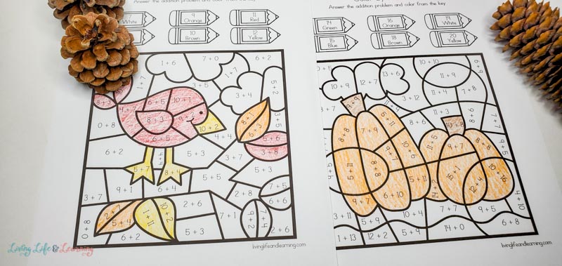Fall color by addition worksheets
