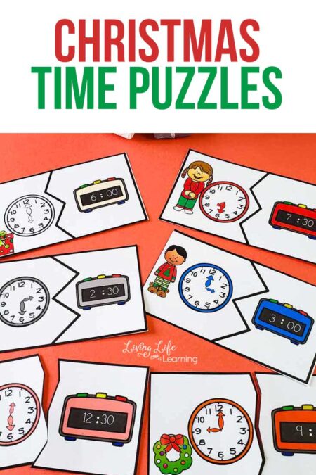 Use these fun printable Christmas time puzzles to teach time on the hour, half hour and 5 minute intervals and your child will master telling time in no time. #time #math #Christmas #homeschool