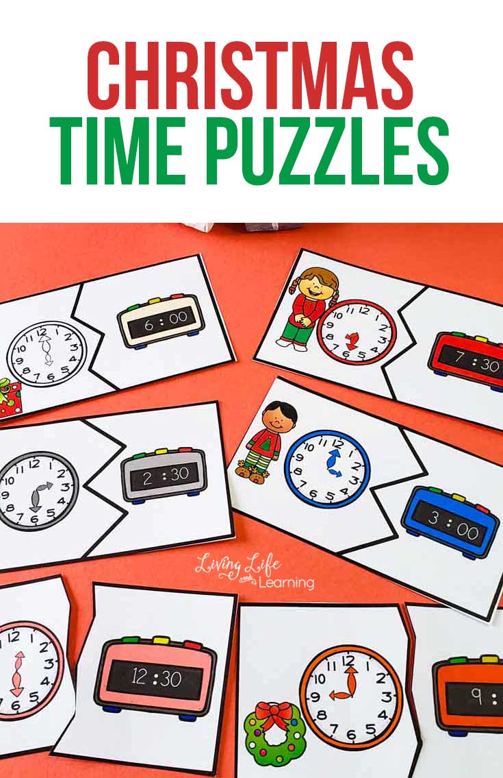 Use these fun printable Christmas time puzzles to teach time on the hour, half hour and 5 minute intervals and your child will master telling time in no time. #time #math #Christmas #homeschool