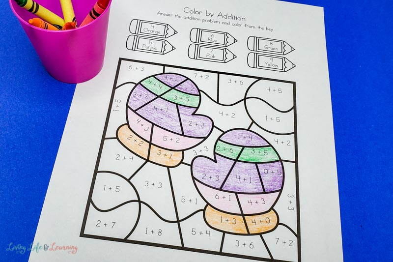 Winter color by addition worksheets