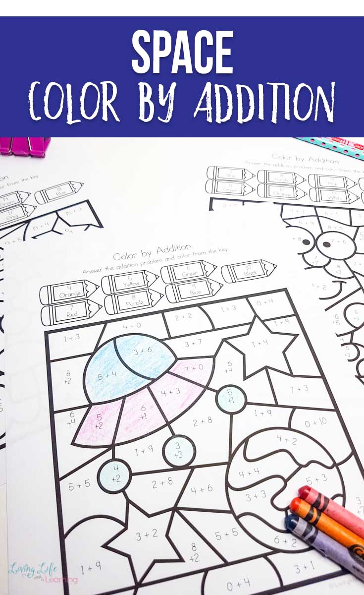 Space color by number addition worksheets