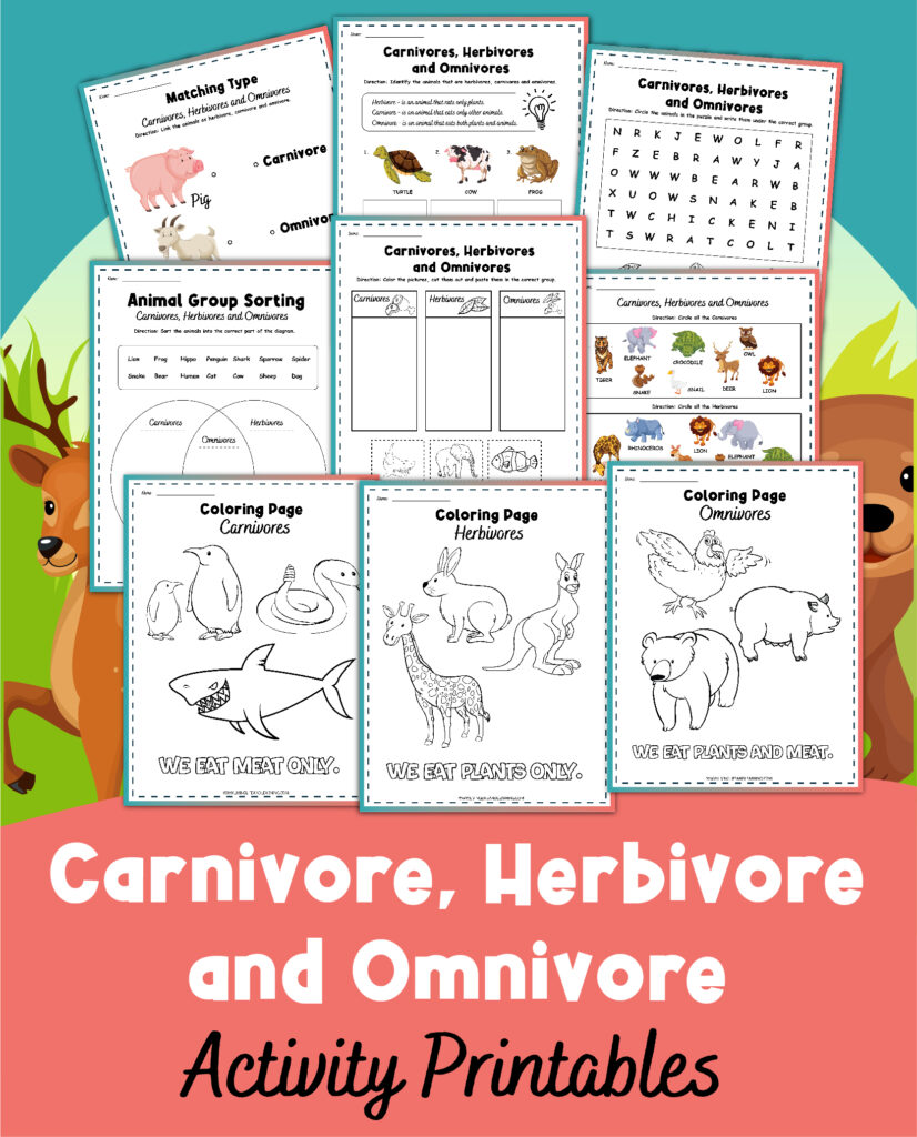 Carnivore, Herbivore and Omnivore Worksheets