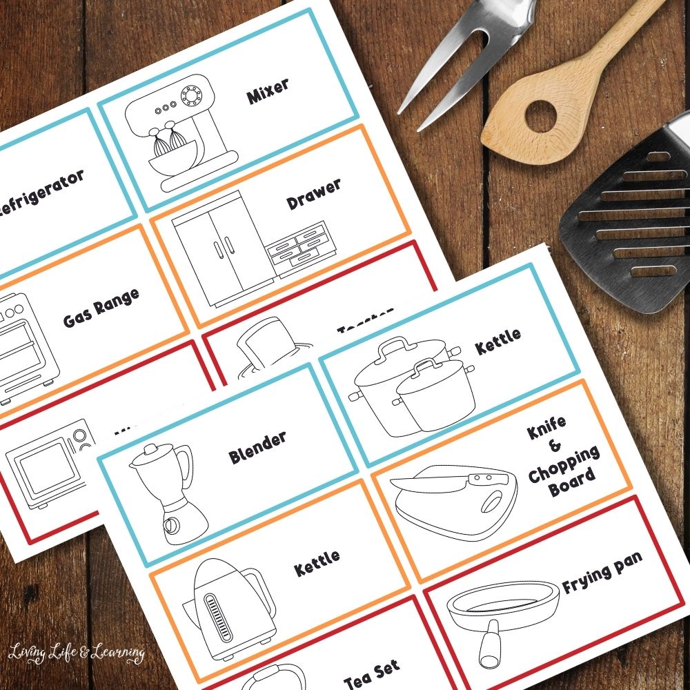 Kitchen Pretend Play Pack pages on a table
