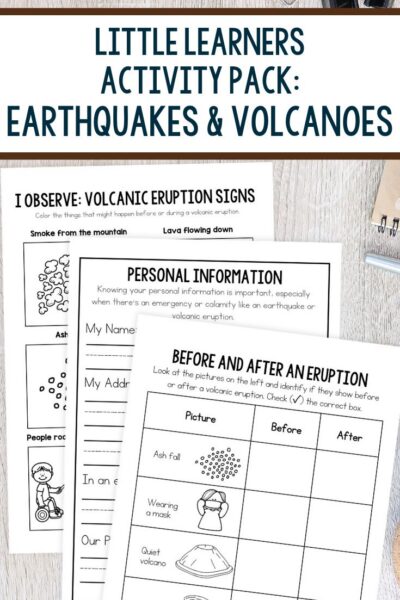 Little Learners Activity Pack: Earthquakes & Volcanoes on a table