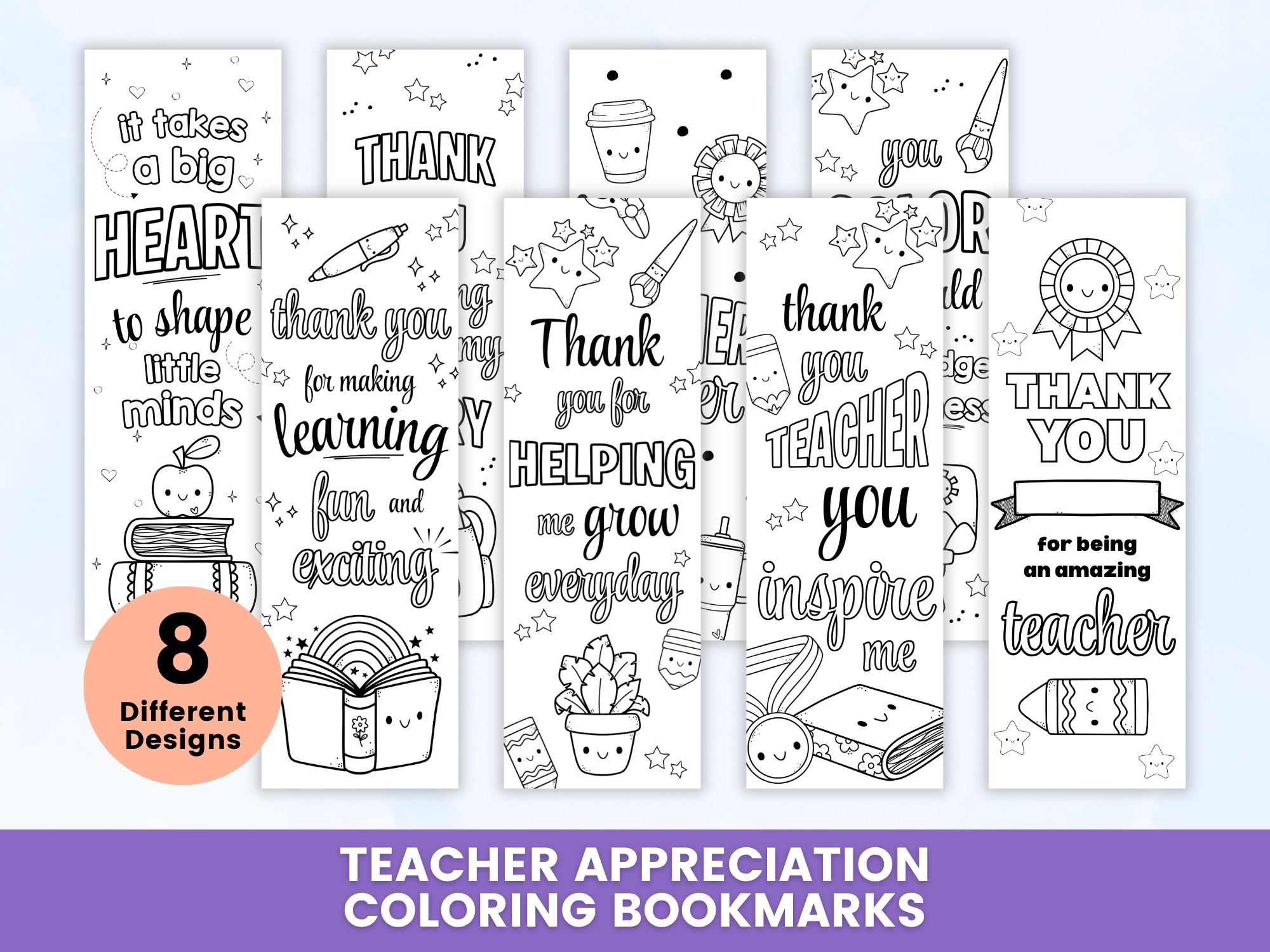 Teacher Appreciation Coloring Bookmarks on a table