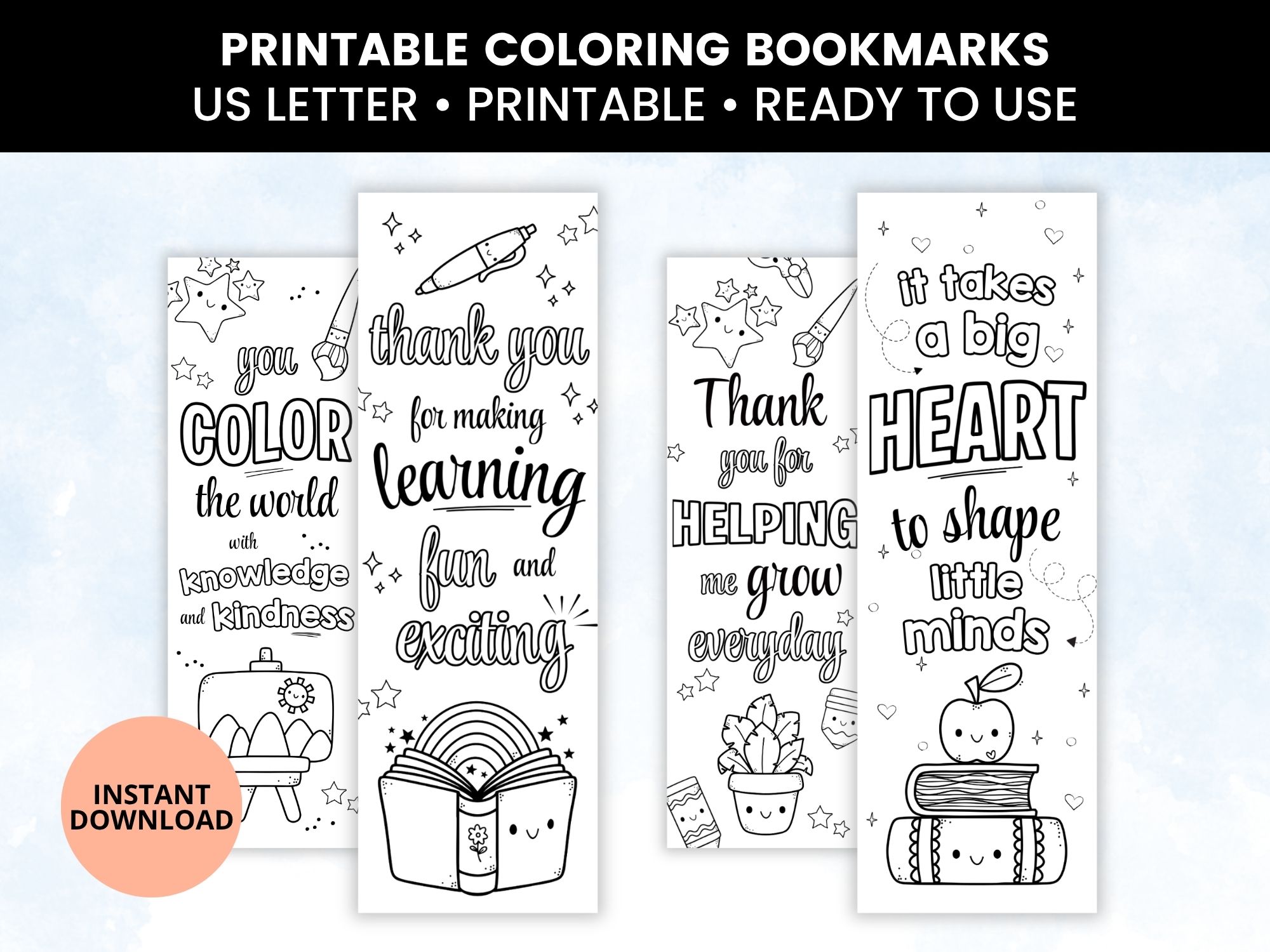 Teacher Appreciation Coloring Bookmarks on a table