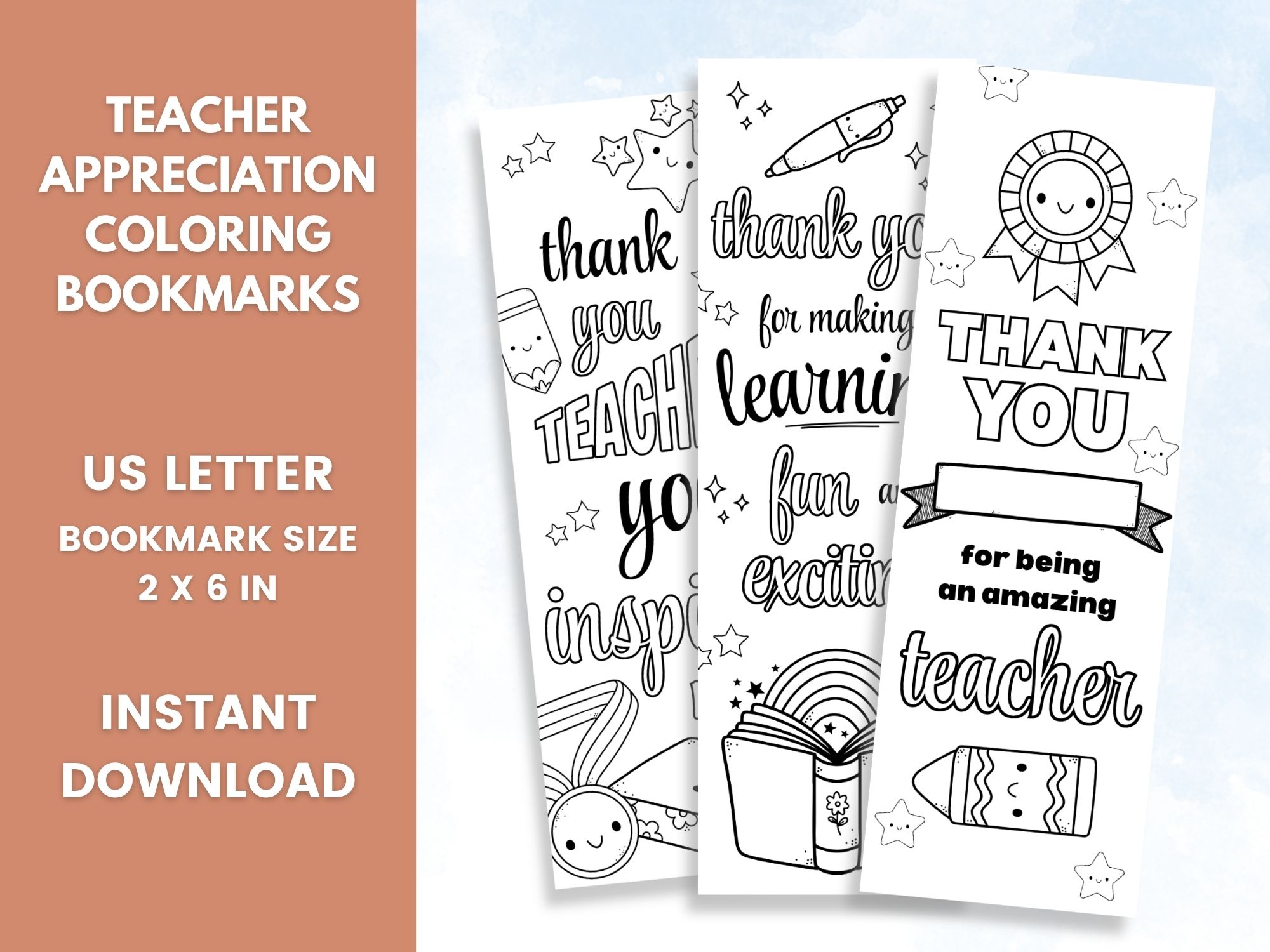 Teacher Appreciation Coloring Bookmarks on a table