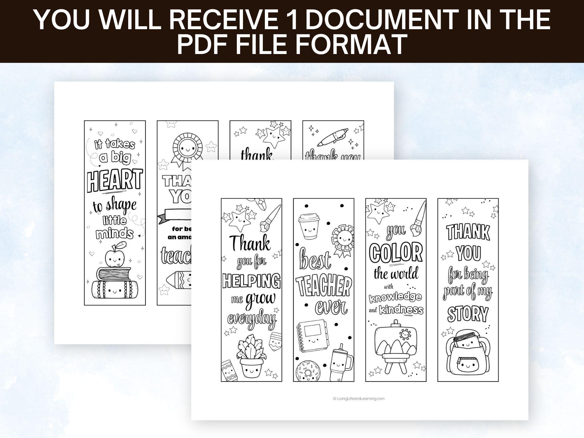 Teacher Appreciation Coloring Bookmarks on a table