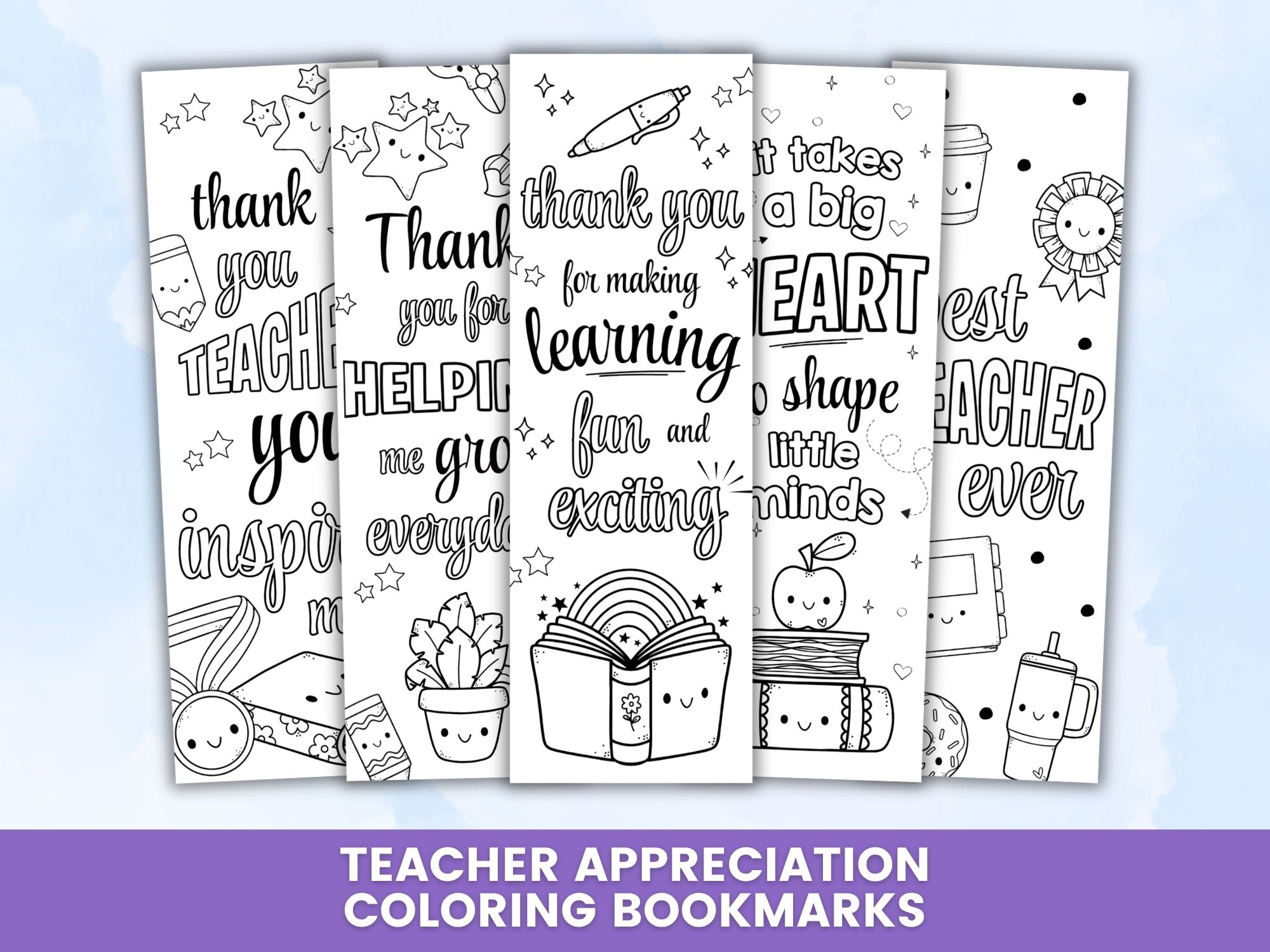 Teacher Appreciation Coloring Bookmarks on a table