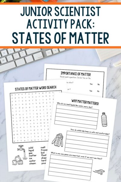 some pages included in the Junior Scientist Activity Pack: States of Matter