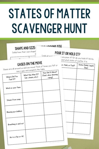States of Matter Scavenger Hunt pages on a table