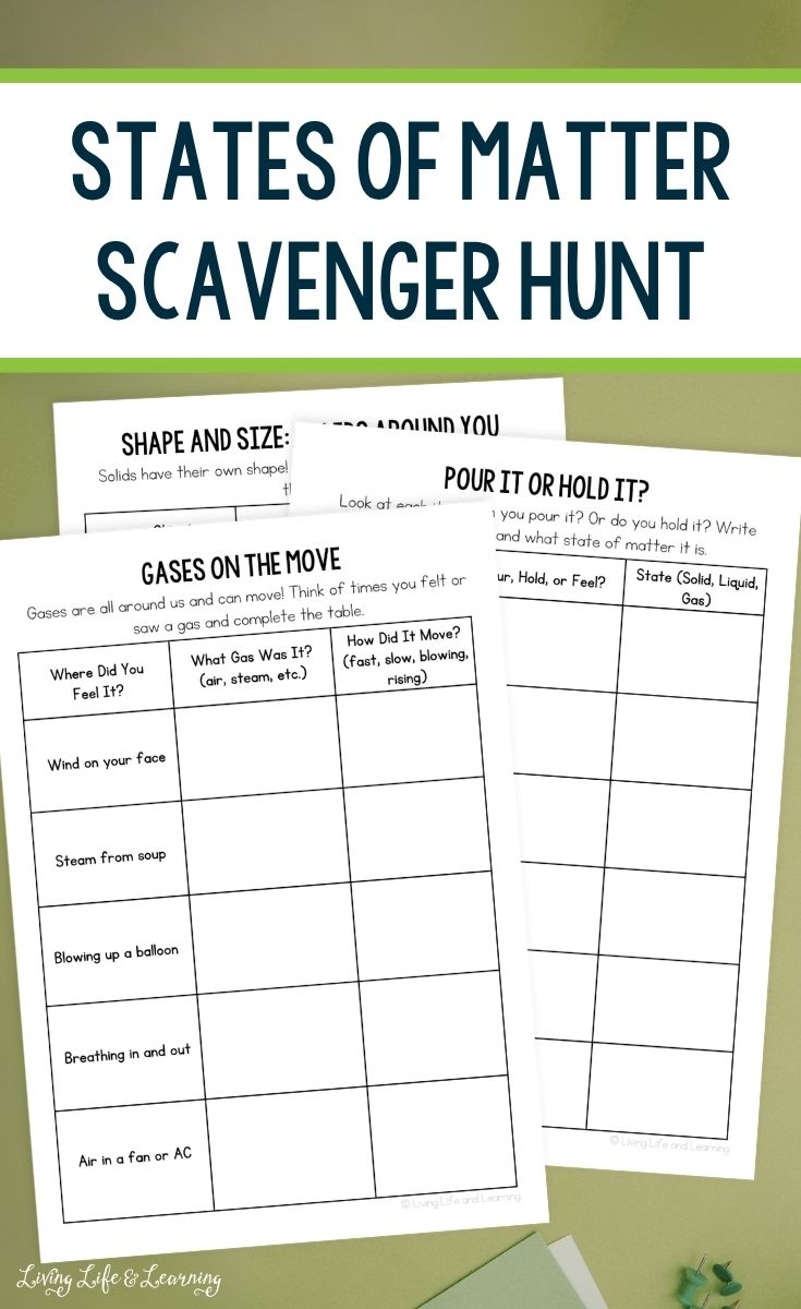 States of Matter Scavenger Hunt pages on a table