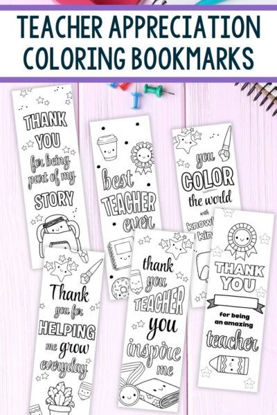 Teacher Appreciation Coloring Bookmarks on a table