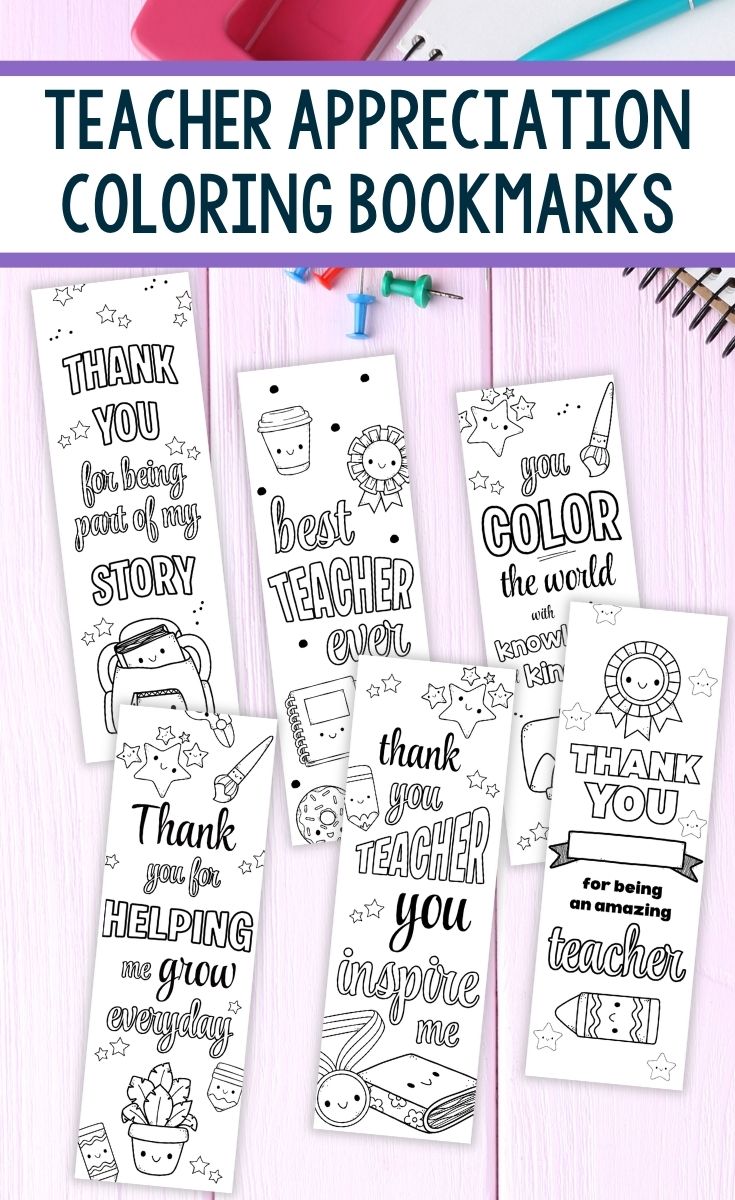 Teacher Appreciation Coloring Bookmarks on a table