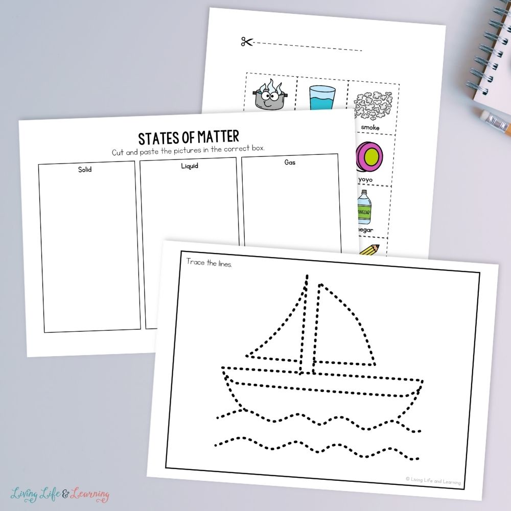 three pages of Little Learners Fine Motor Pack: States of Matter