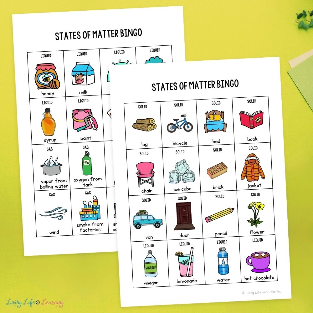 calling cards included in the States of Matter Bingo Printable