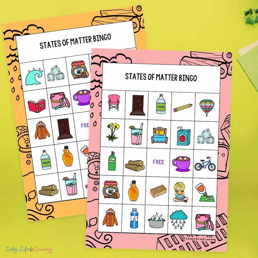 States of Matter Bingo Printable cards on a table