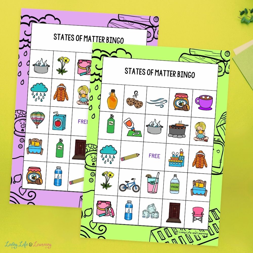States of Matter Bingo Printable cards on a table