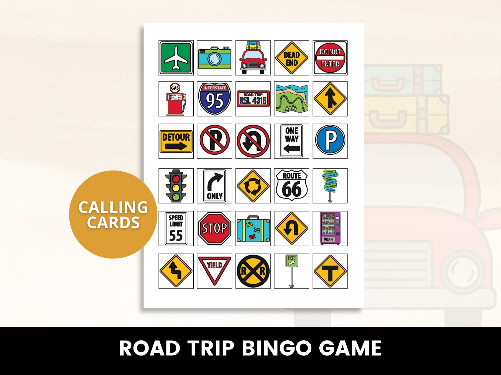 Printable Road Trip Bingo Game on a table
