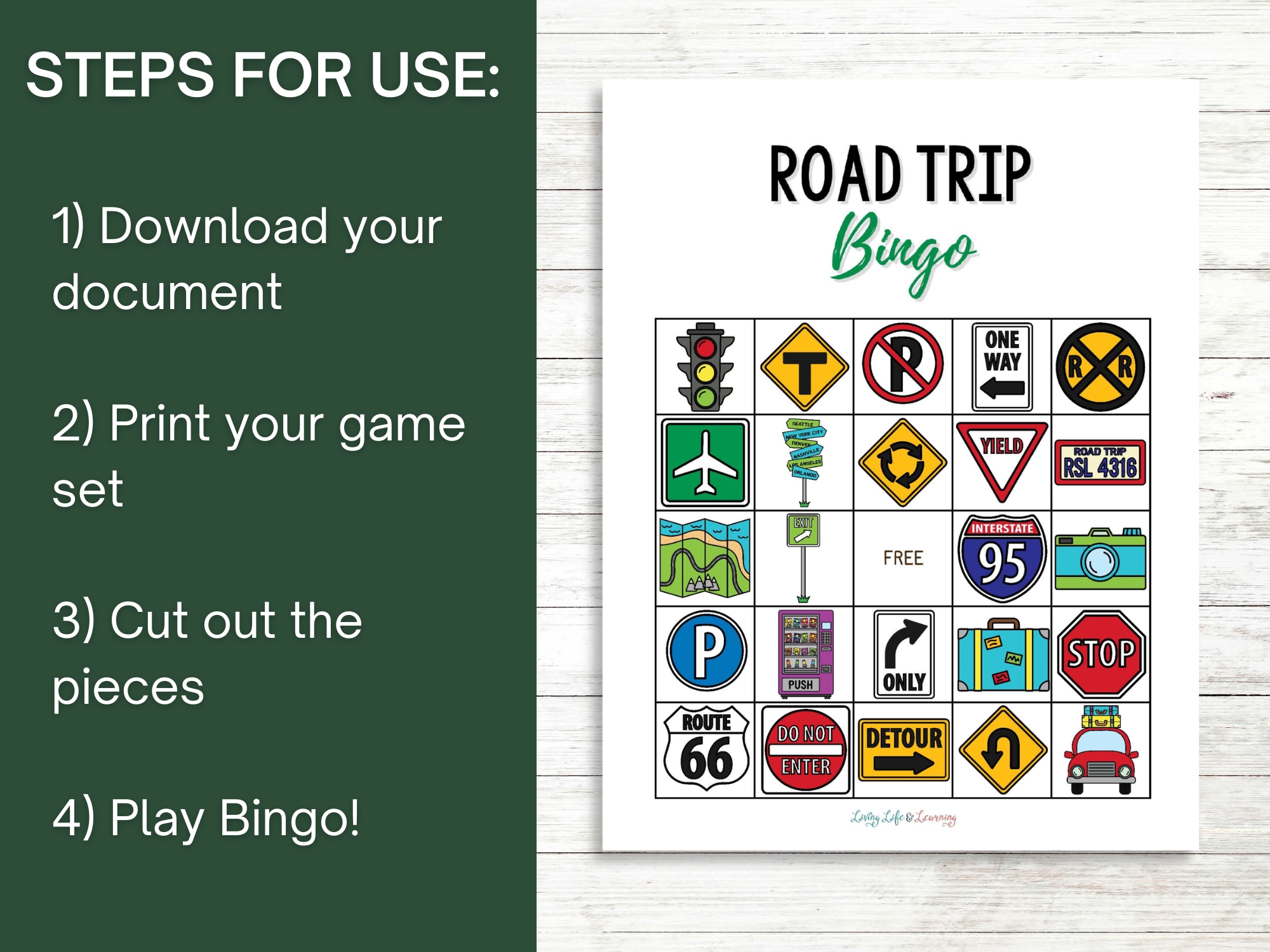 Printable Road Trip Bingo Game on a table