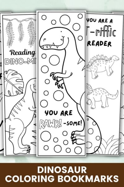 Bookmark Layout (1) Dinosaur Coloring Bookmarks Printables placed on a table