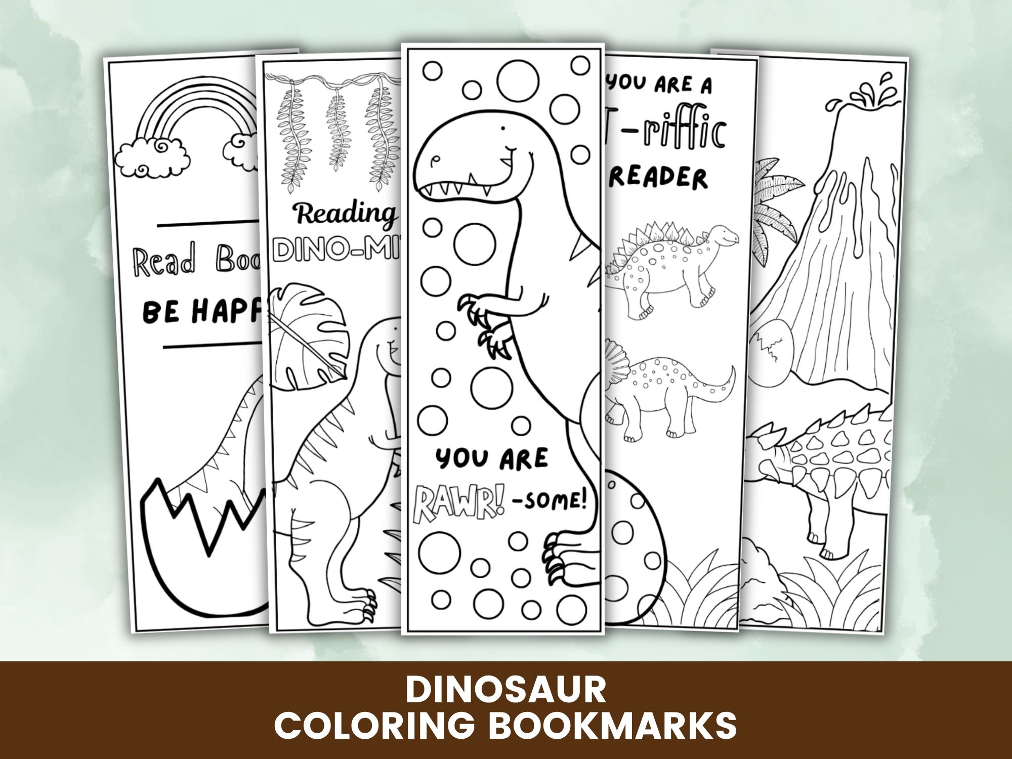 Dinosaur Coloring Bookmarks Printables placed on a table