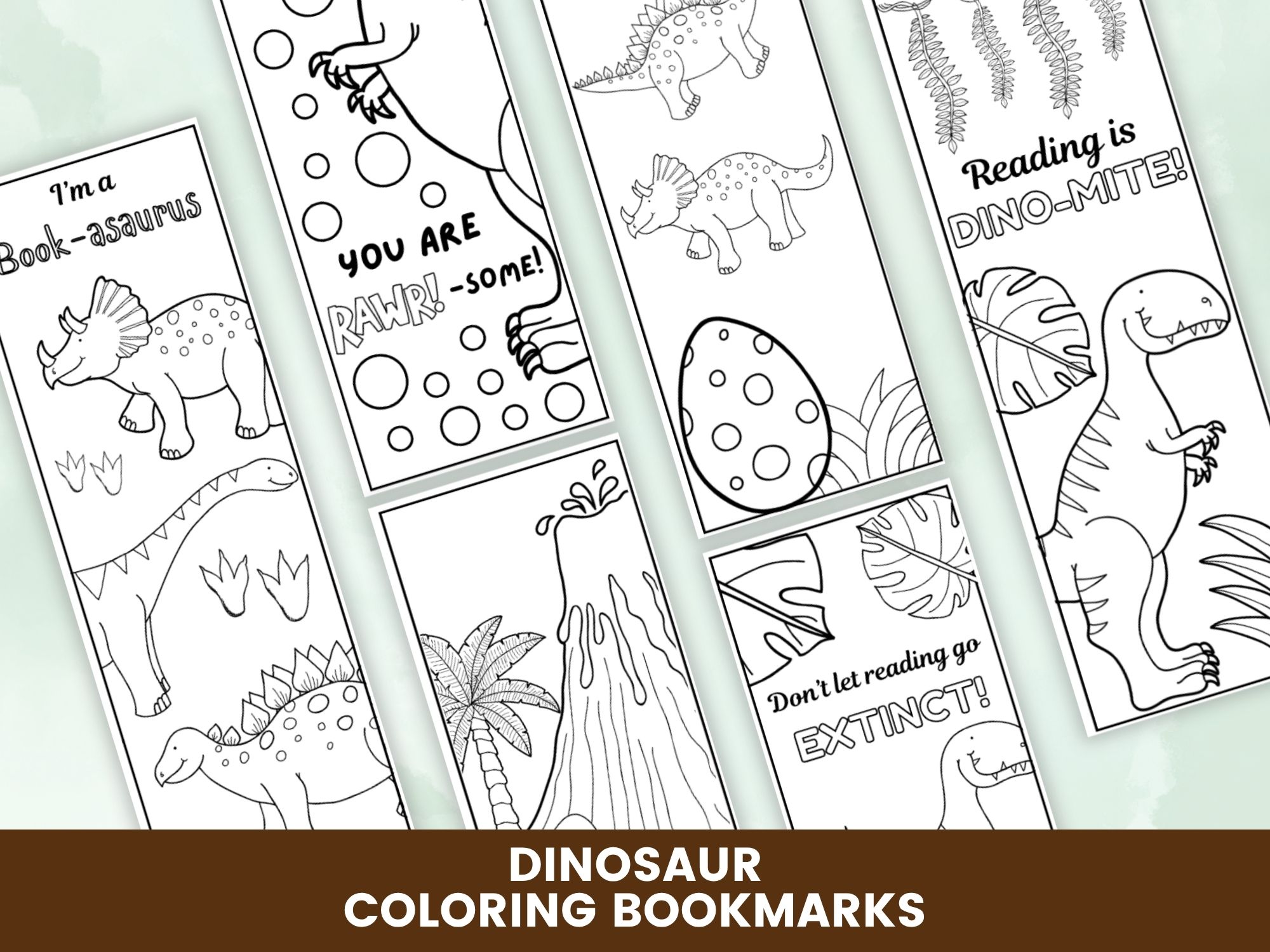 Dinosaur Coloring Bookmarks Printables placed on a table