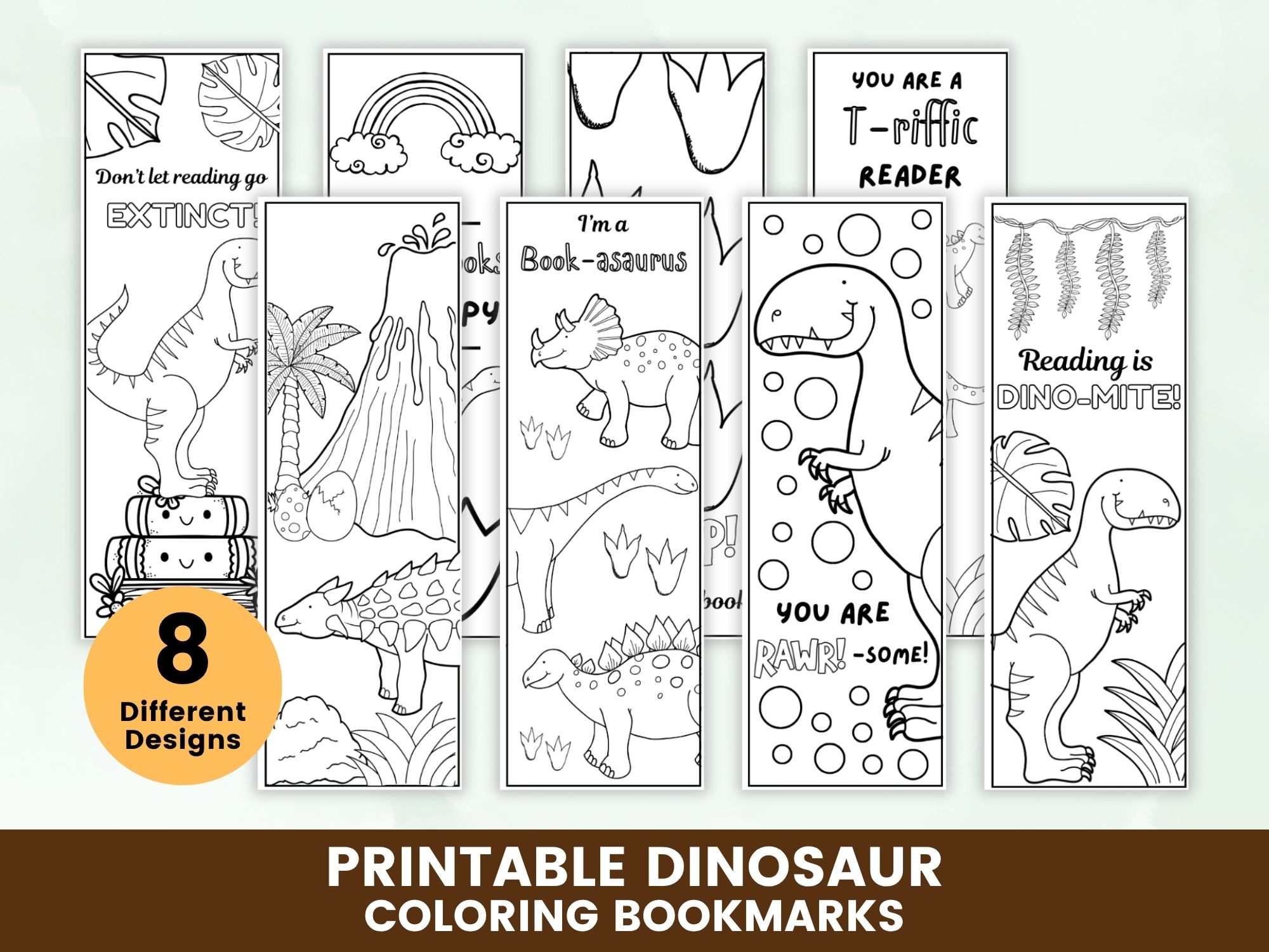 Dinosaur Coloring Bookmarks Printables placed on a table