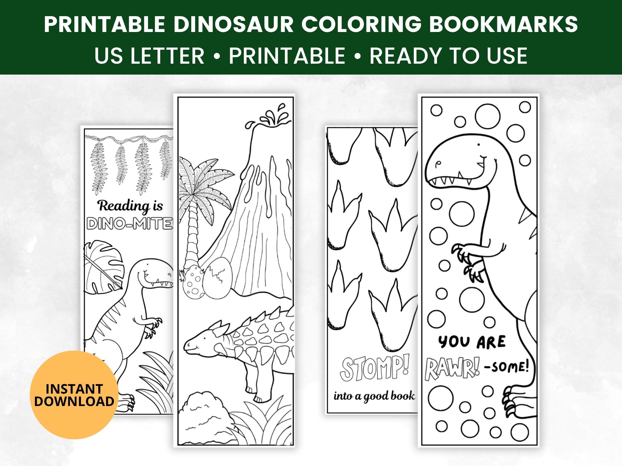 Dinosaur Coloring Bookmarks Printables placed on a table