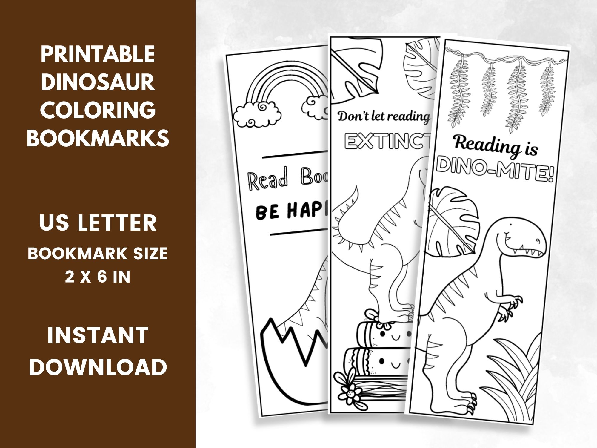 Dinosaur Coloring Bookmarks Printables placed on a table