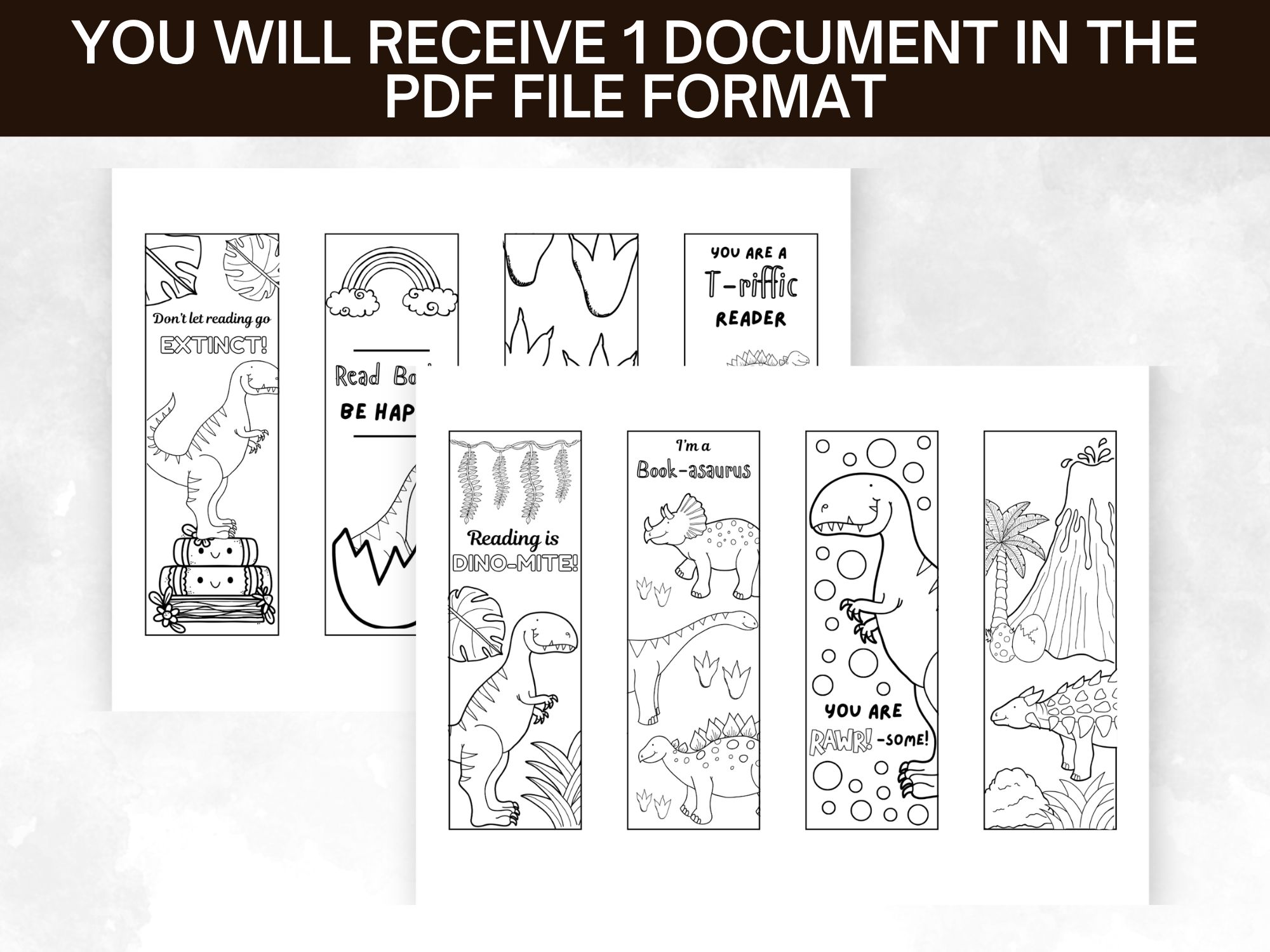 Dinosaur Coloring Bookmarks Printables placed on a table