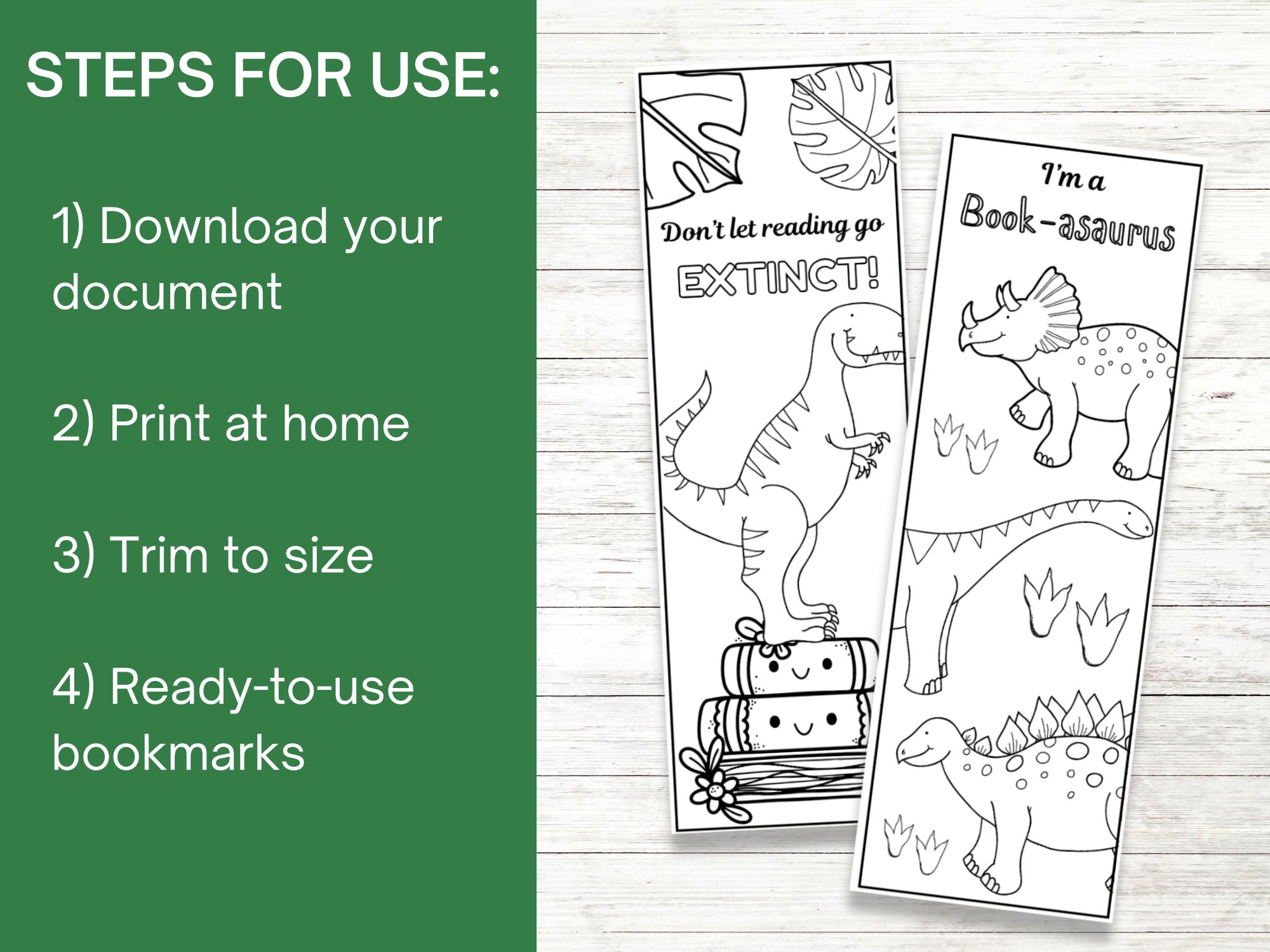 Dinosaur Coloring Bookmarks Printables placed on a table