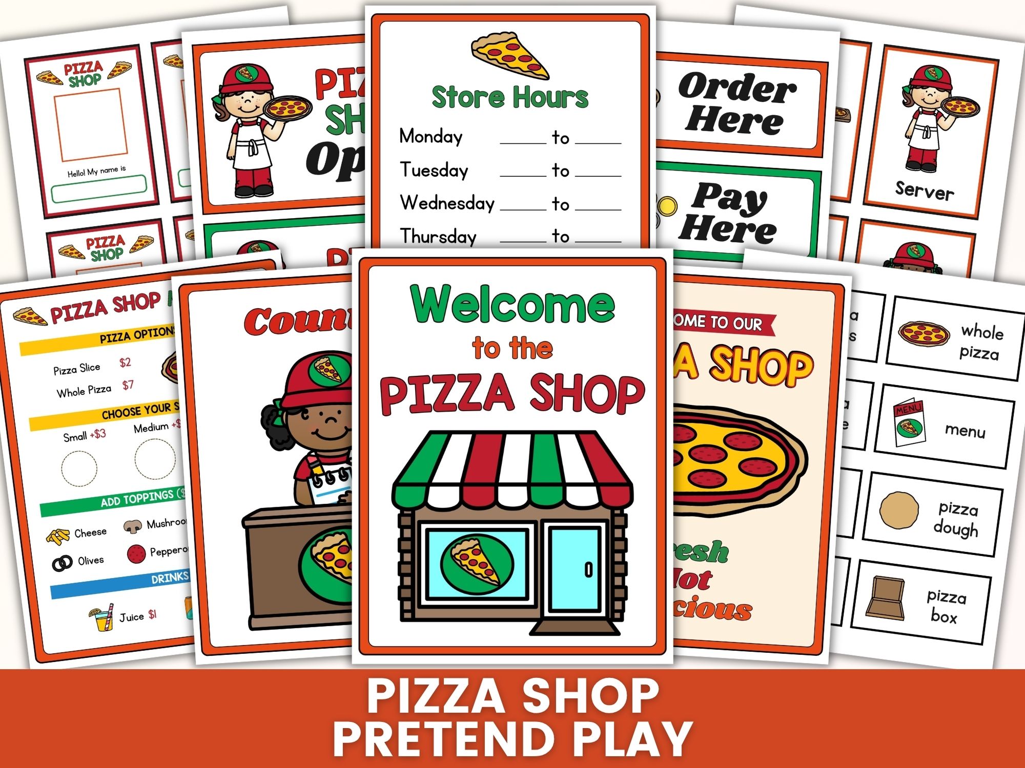 Pizza Shop Pretend Play Pack on a table
