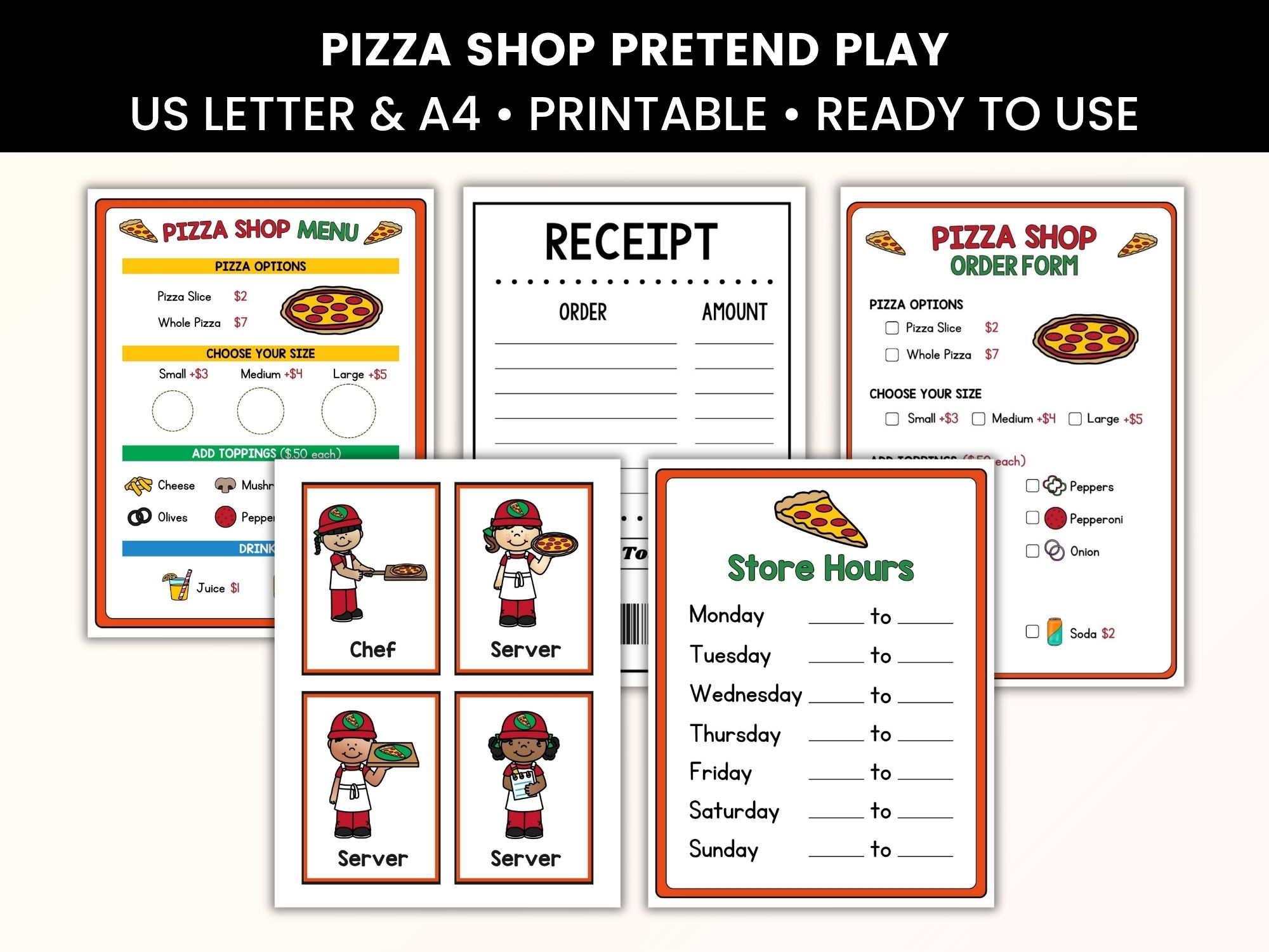 Pizza Shop Pretend Play Pack on a table