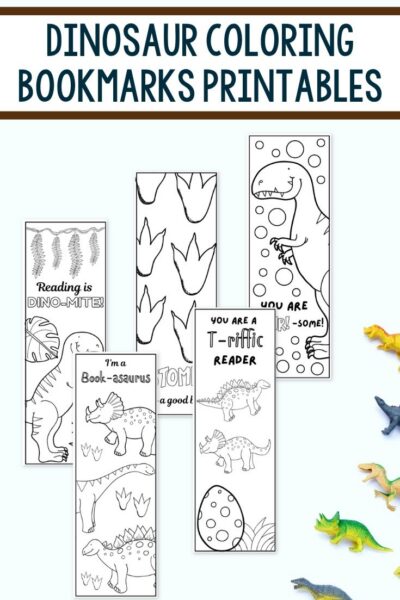 Dinosaur Coloring Bookmarks Printables placed on a table