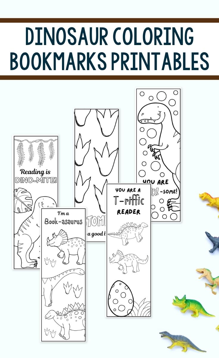 Dinosaur Coloring Bookmarks Printables placed on a table
