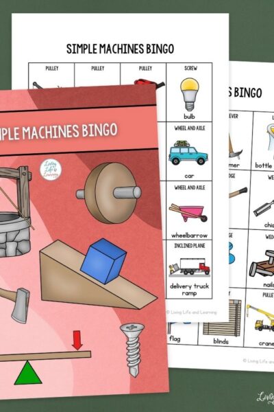 TPT Graphics – Little Learners Writing Pack_ Simple Machines (2) Simple Machines Bingo Printables on a table