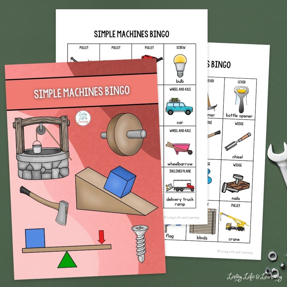 Simple Machines Bingo Printables on a table