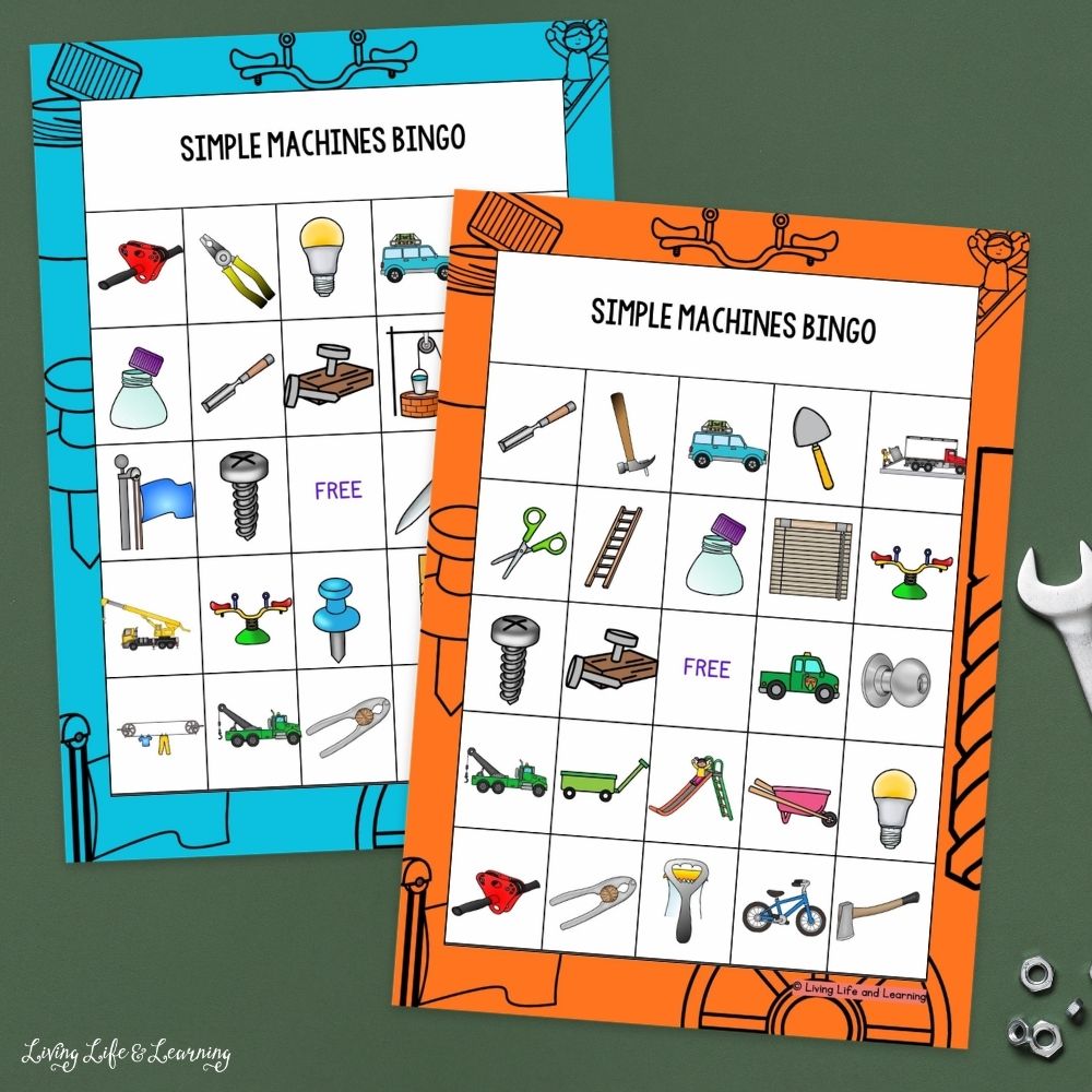 Simple Machines Bingo Printables on a table