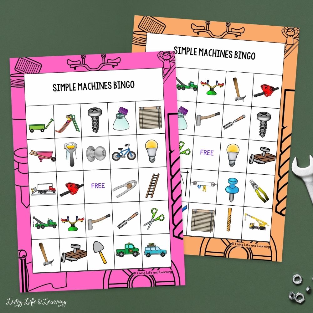 Simple Machines Bingo Printables on a table