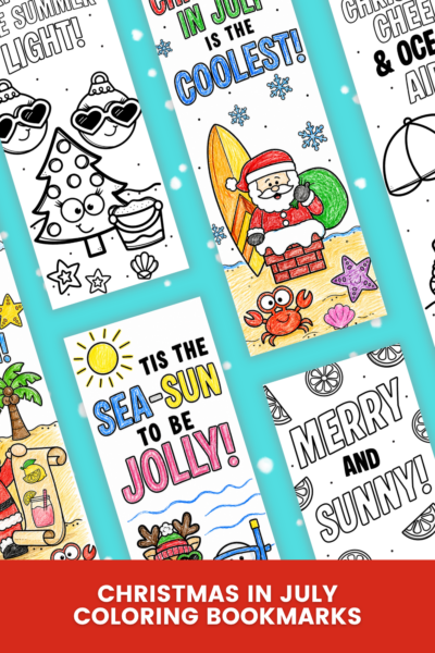 Christmas in July Coloring Bookmarks on a table