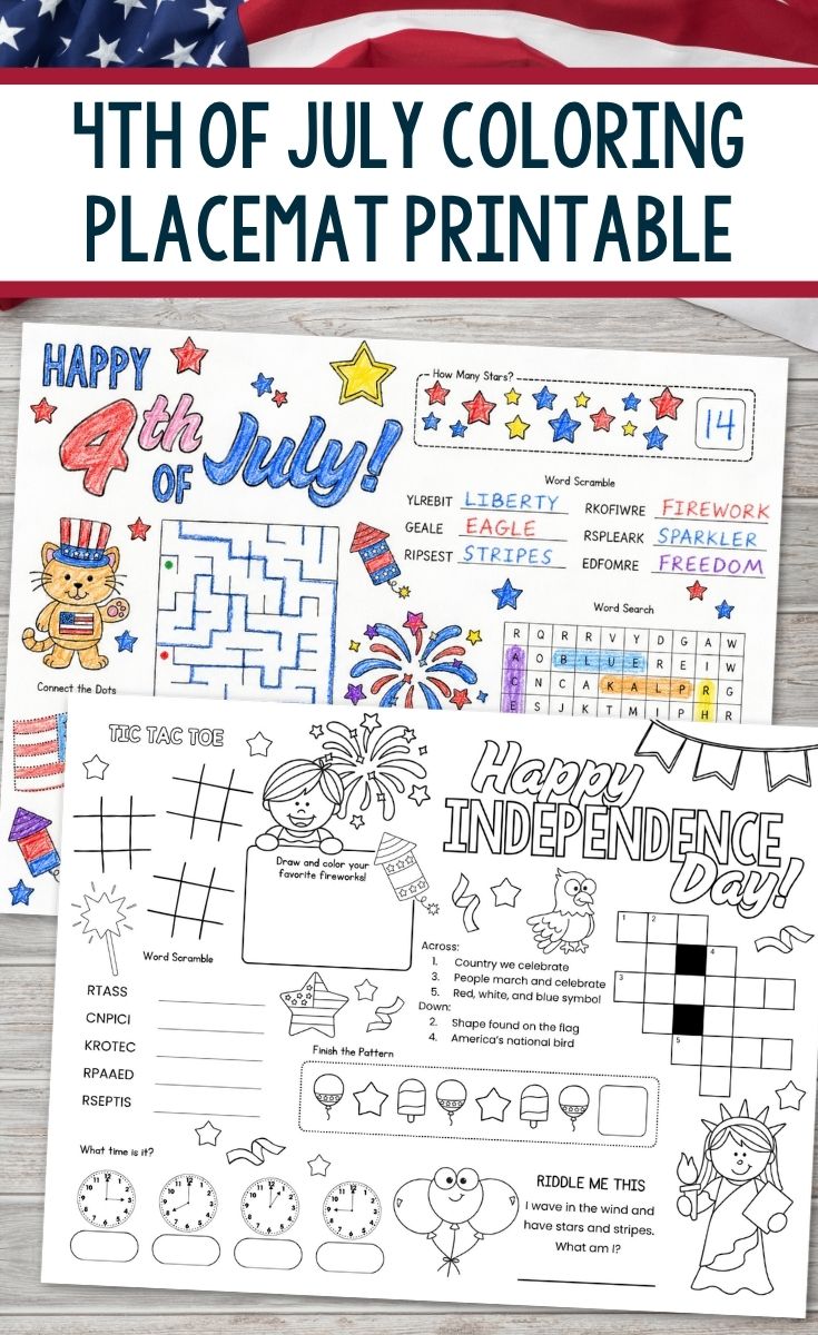 4th of July Coloring Placemat Printable on a table