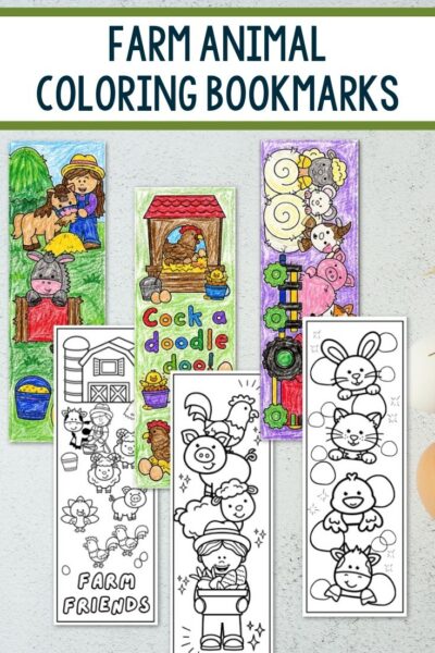 Farm Animal Coloring Bookmarks on a table