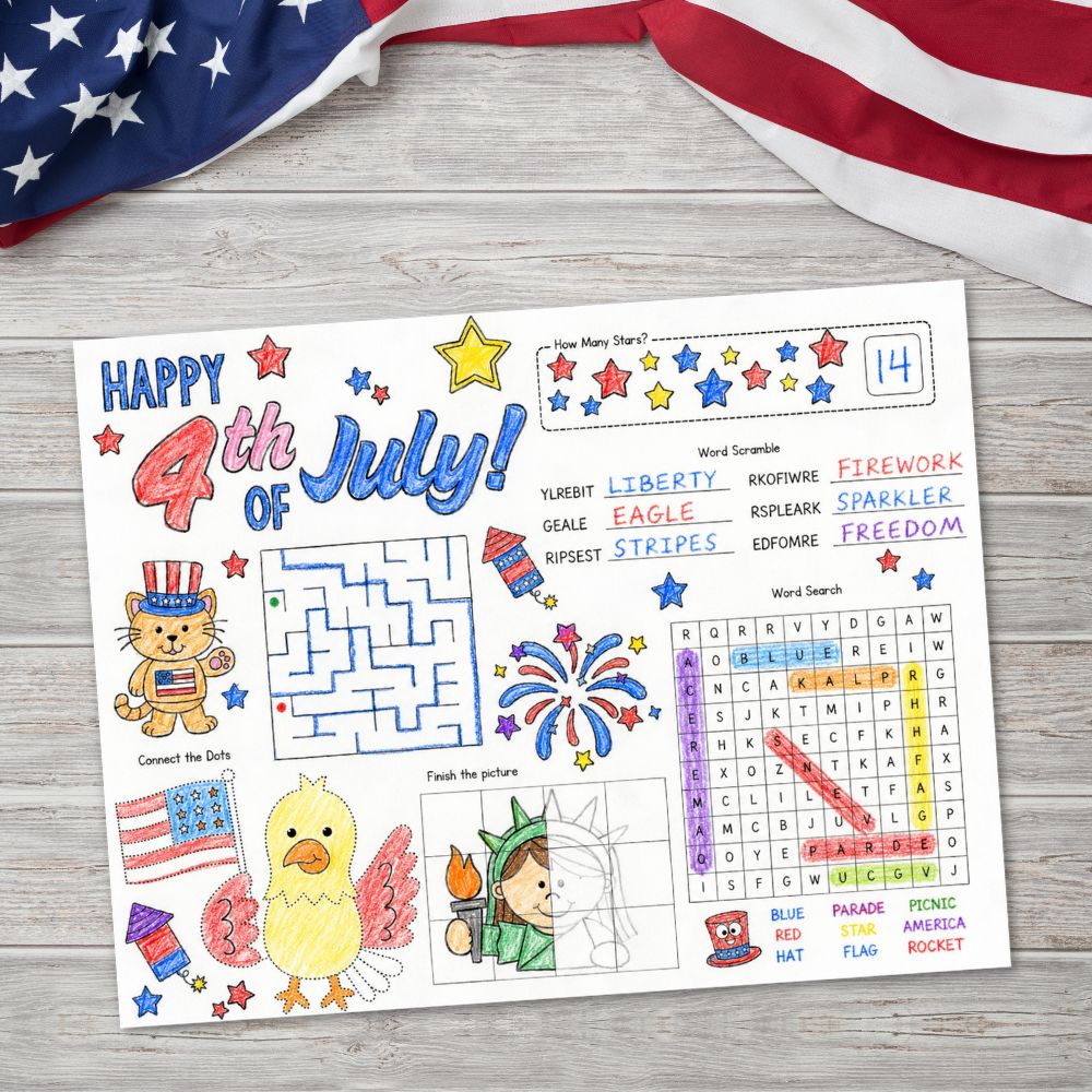 Colored 4th of July Coloring Placemat Printable