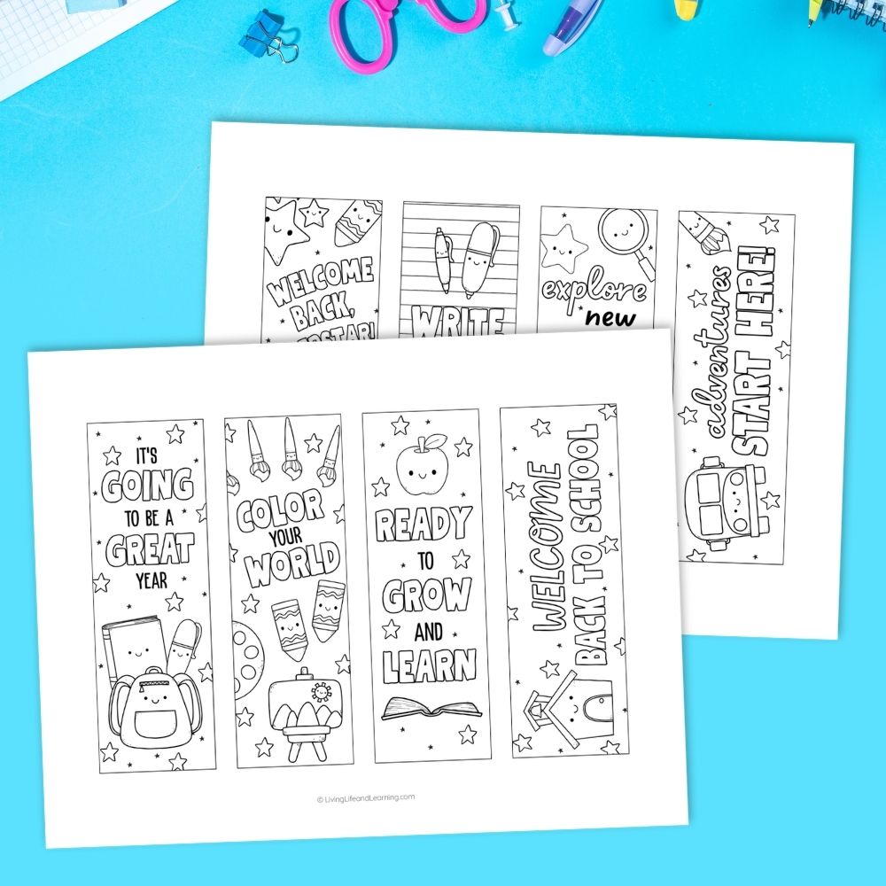 different designs of Back to School Coloring Bookmarks
