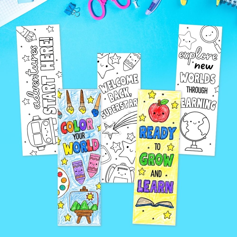 different designs of Back to School Coloring Bookmarks