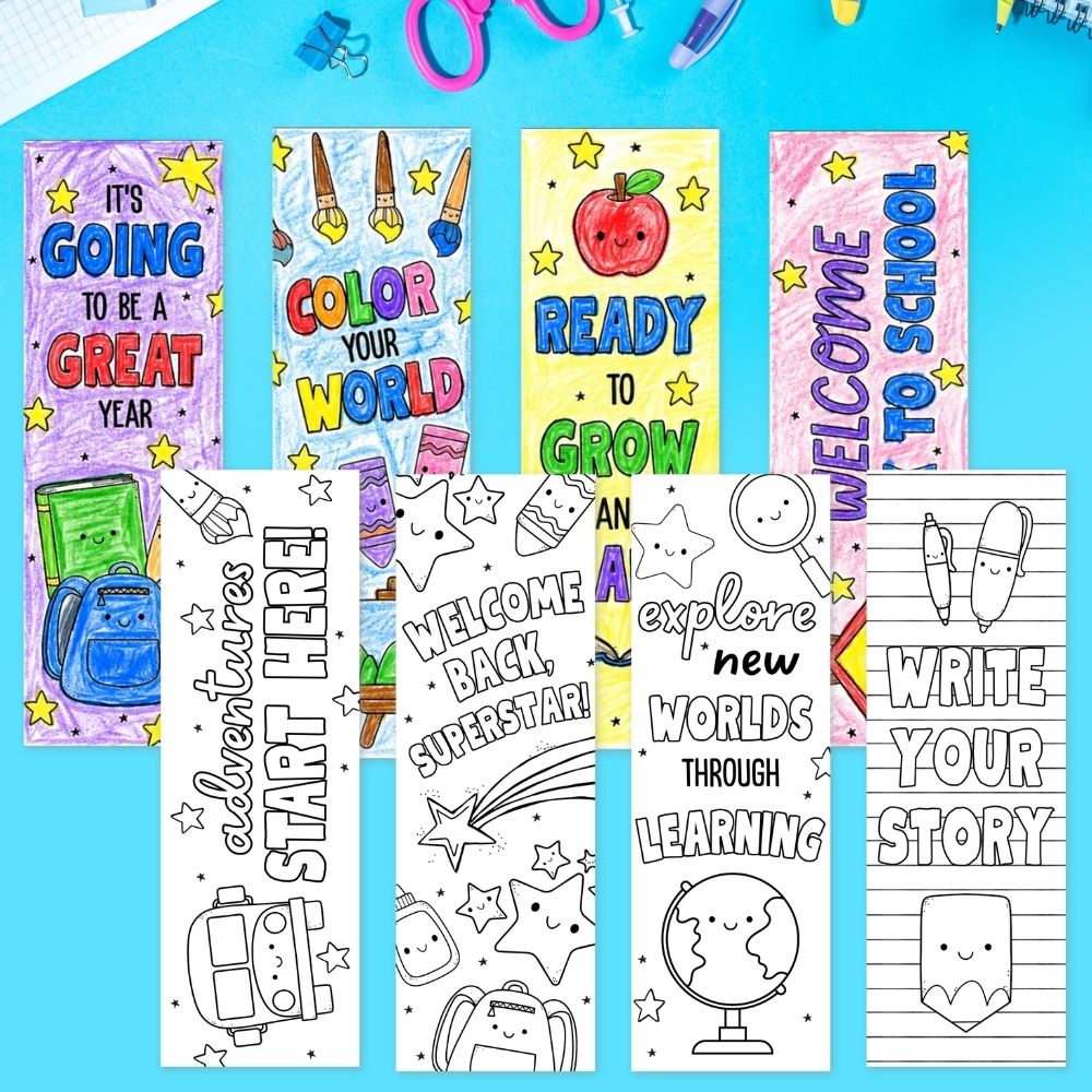 different designs of Back to School Coloring Bookmarks