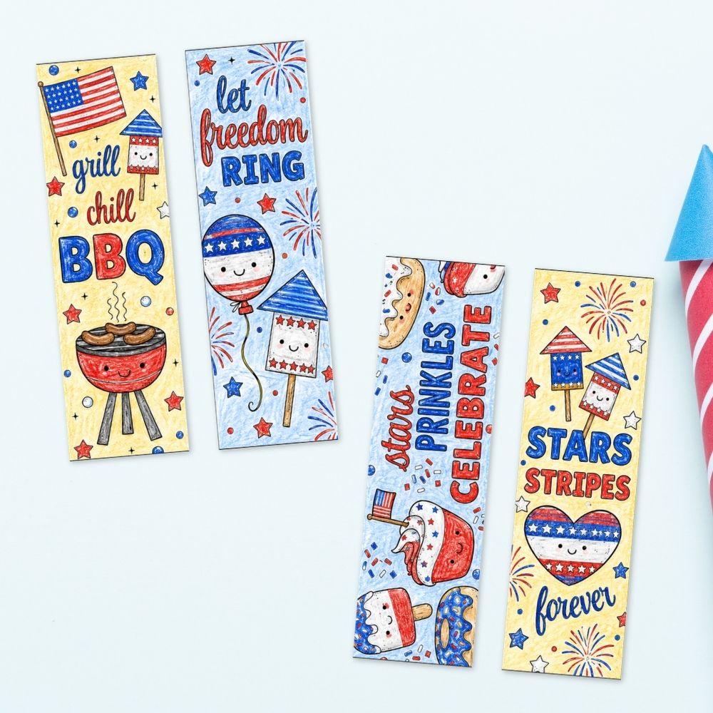 July 4th Coloring Bookmarks on a table