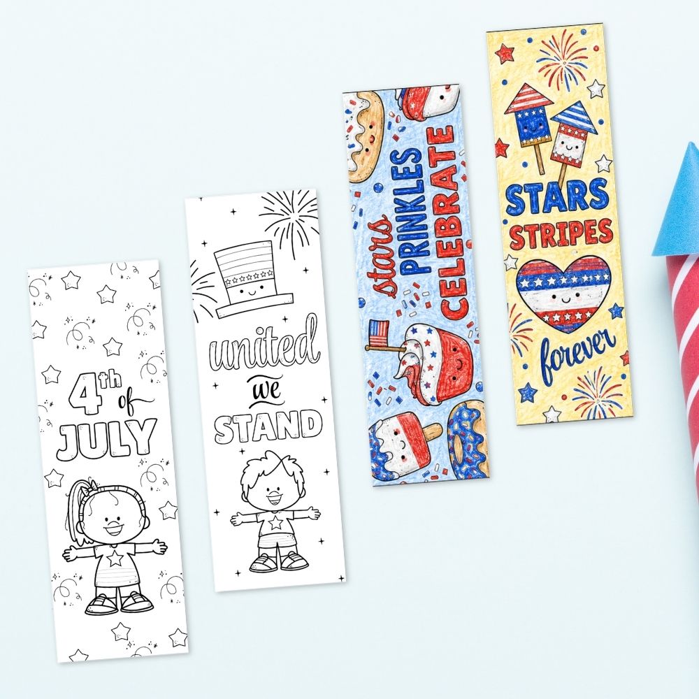 July 4th Coloring Bookmarks on a table