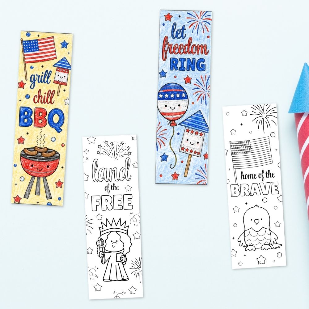 July 4th Coloring Bookmarks on a table